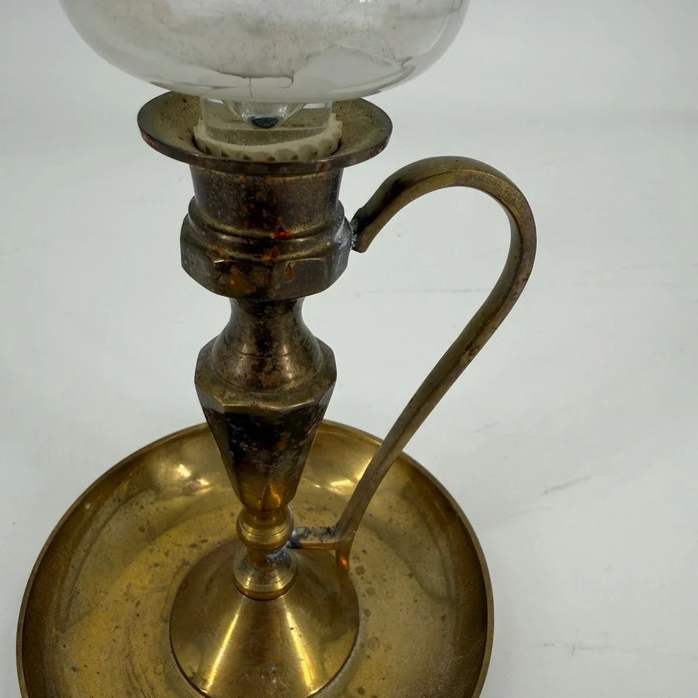 Vintage Solid Brass Chamberstick Candle Holder with Glass Hurricane Shade India